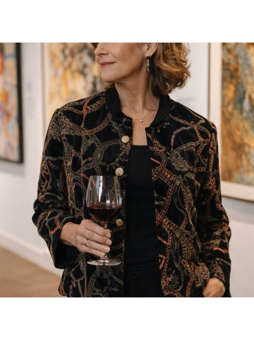 Vintage Artsy Velvet Jacket Womens 14 Petite Black Elegant Sophisticated EUC